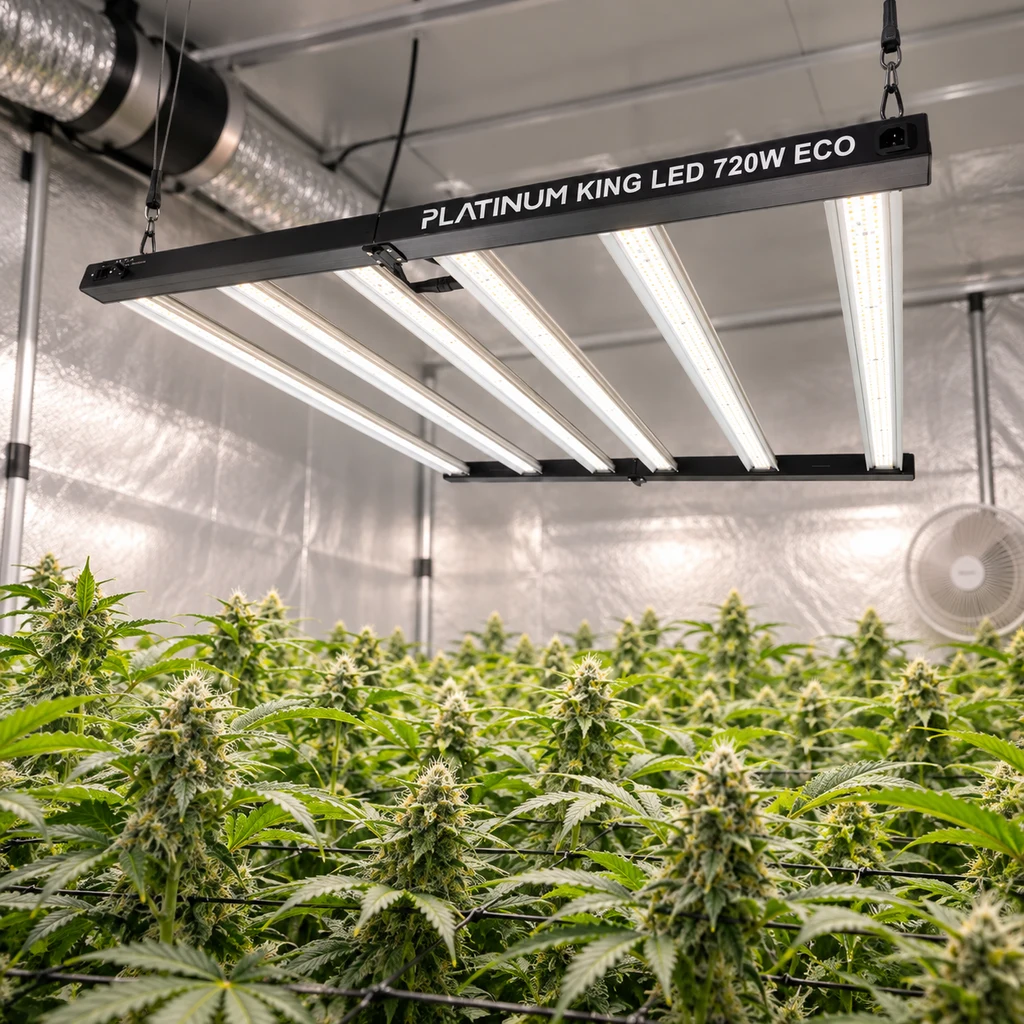 Escena generada de una luminaria Platinum King LED 720W Eco suspendida sobre plantas de cannabis en un recinto de paredes reflectantes.