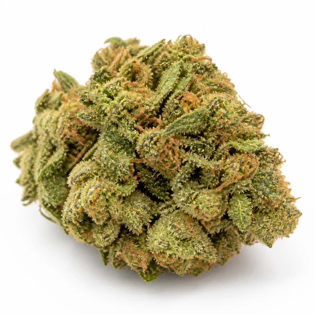 Ilustración de un cogollo redondeado con hojas verdes, filamentos anaranjados y cobertura clara para la ficha de Lemon Haze Auto de Expert Seeds.