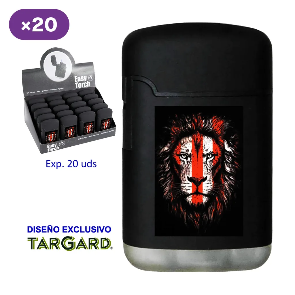 Encendedor negro con base plateada y rostro de león en rojo y blanco, junto a un expositor rotulado con 20 unidades.