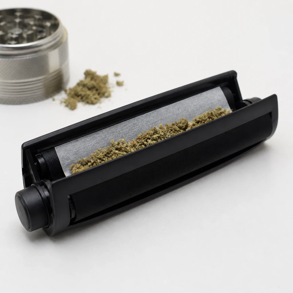 Máquina de liar negra abierta con papel y material vegetal desmenuzado entre los rodillos, junto a un grinder metálico.