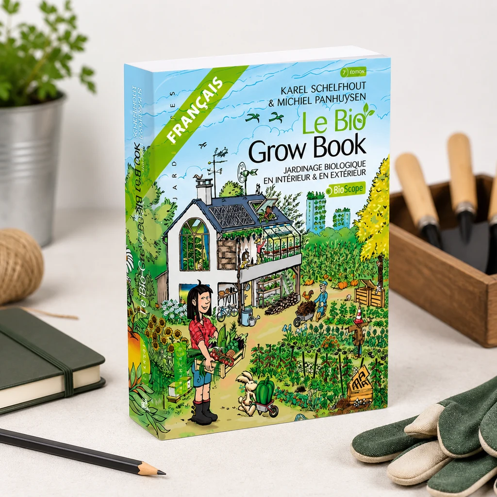 Libro Le Bio Grow Book en francés, con portada ilustrada de un huerto, junto a guantes y herramientas de jardinería en una escena generada. Libro Le Bio Grow Book en francés, con portada ilustrada de un huerto, junto a guantes y herramientas de jardinería en una escena generada.