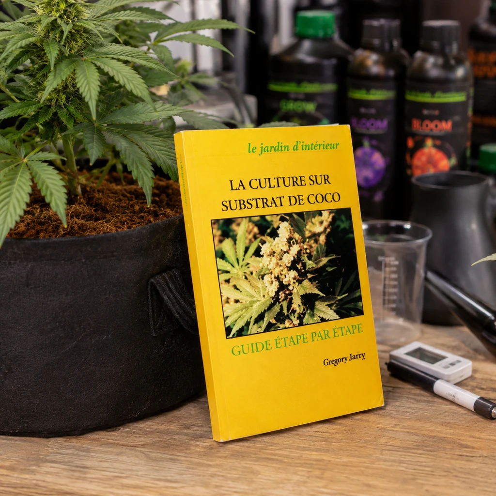 Libro amarillo «La culture sur substrat de coco» apoyado junto a una maceta con una planta de cannabis y utensilios de cultivo. Libro amarillo «La culture sur substrat de coco» apoyado junto a una maceta con una planta de cannabis y utensilios de cultivo.