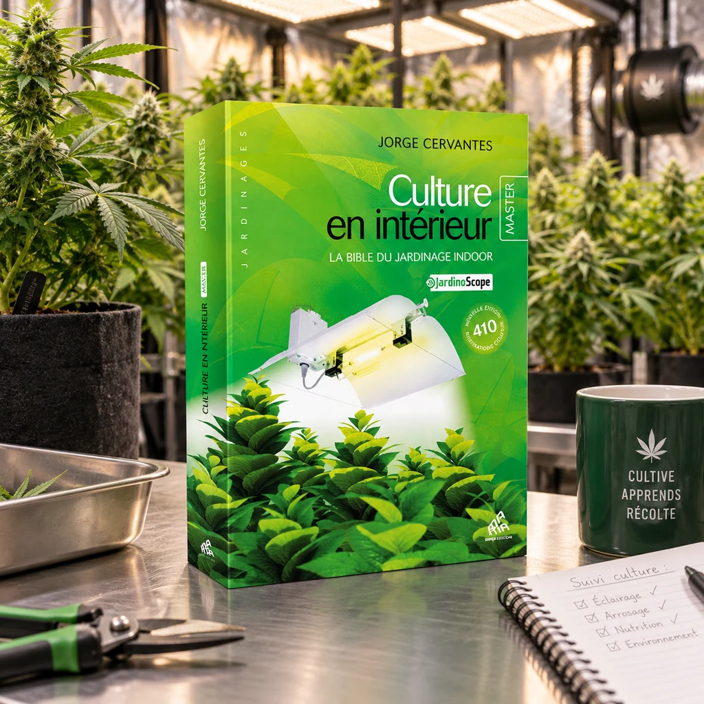Libro francés «Culture en intérieur» de Jorge Cervantes, con portada verde, sobre una mesa con tijeras y cuaderno en un cultivo interior. Libro francés «Culture en intérieur» de Jorge Cervantes, con portada verde, sobre una mesa con tijeras y cuaderno en un cultivo interior.