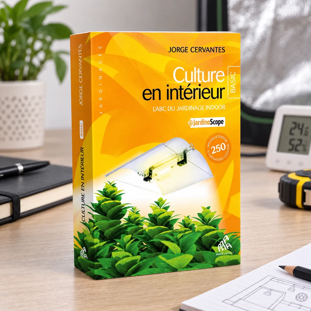 Libro en francés «Culture en intérieur» de Jorge Cervantes, de pie sobre un escritorio, con plantas y una lámpara en la portada amarilla. Libro en francés «Culture en intérieur» de Jorge Cervantes, de pie sobre un escritorio, con plantas y una lámpara en la portada amarilla.