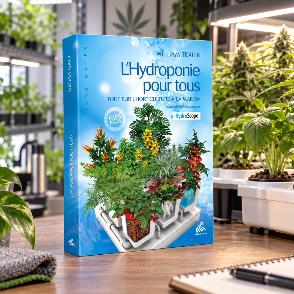 Libro L’Hydroponie pour tous de William Texier, con portada azul, sobre una mesa en una escena generada de cultivo interior. Libro L’Hydroponie pour tous de William Texier, con portada azul, sobre una mesa en una escena generada de cultivo interior.