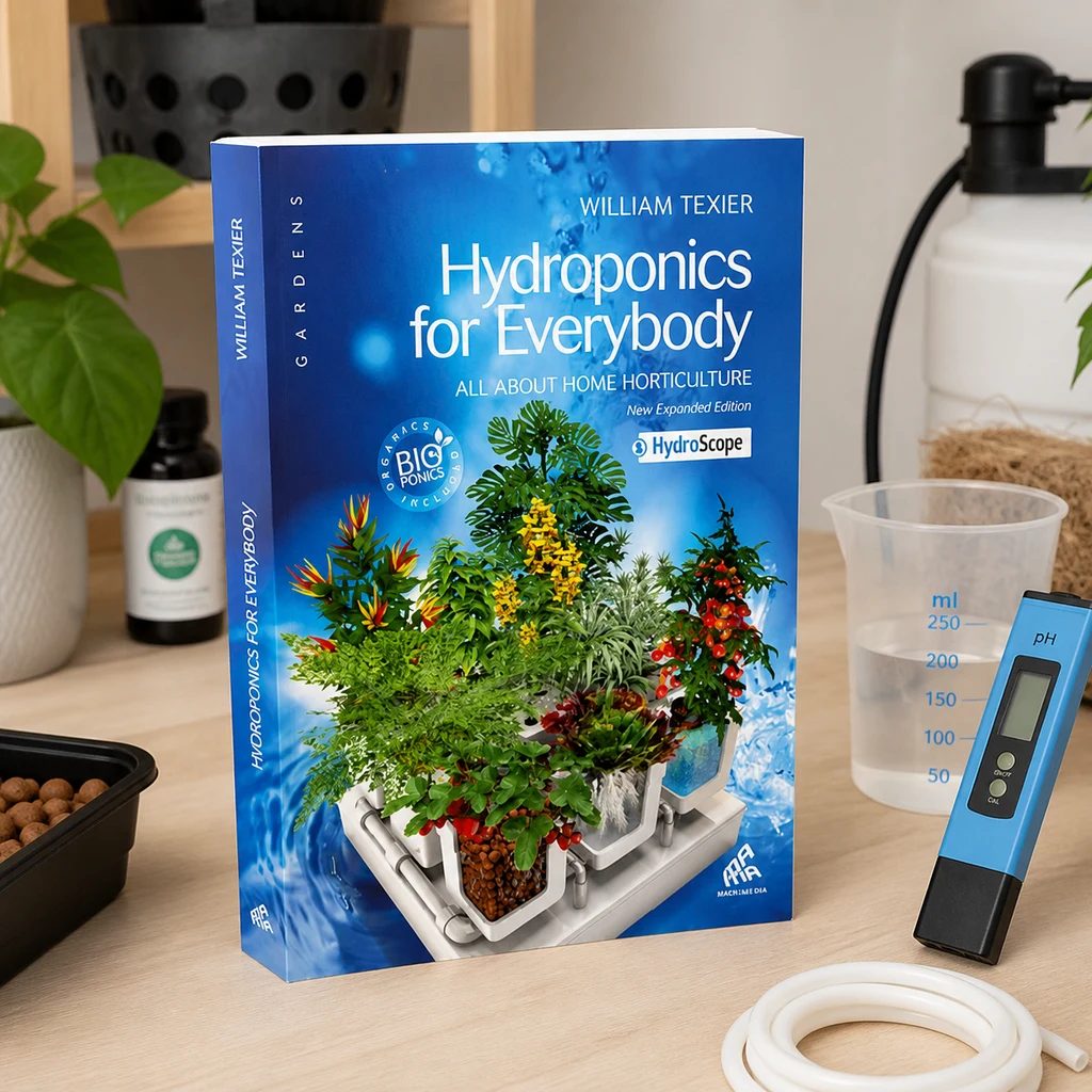 Libro en inglés Hydroponics for Everybody, de William Texier, sobre una mesa junto a un medidor de pH, un vaso graduado y un tubo enrollado. Libro en inglés Hydroponics for Everybody, de William Texier, sobre una mesa junto a un medidor de pH, un vaso graduado y un tubo enrollado.