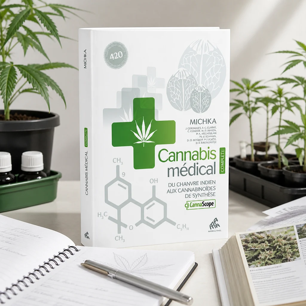 Libro Cannabis médical de Michka en pie, con cruz verde y hoja de cannabis en portada, entre plantas, cuadernos y libros abiertos. Libro Cannabis médical de Michka en pie, con cruz verde y hoja de cannabis en portada, entre plantas, cuadernos y libros abiertos.
