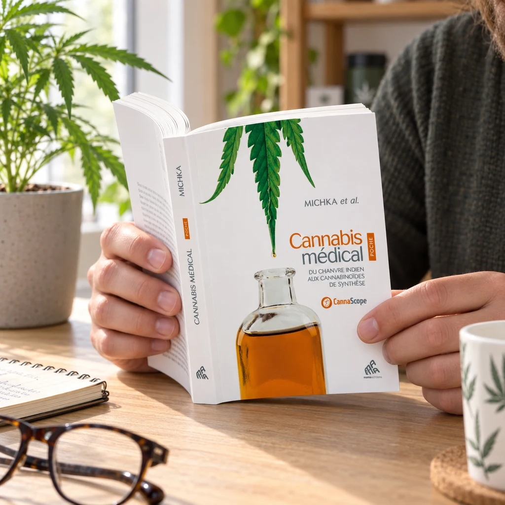 Una persona sostiene abierto el libro francés Cannabis médical, con hojas verdes y un frasco en la portada, junto a una planta y unas gafas. Una persona sostiene abierto el libro francés Cannabis médical, con hojas verdes y un frasco en la portada, junto a una planta y unas gafas.