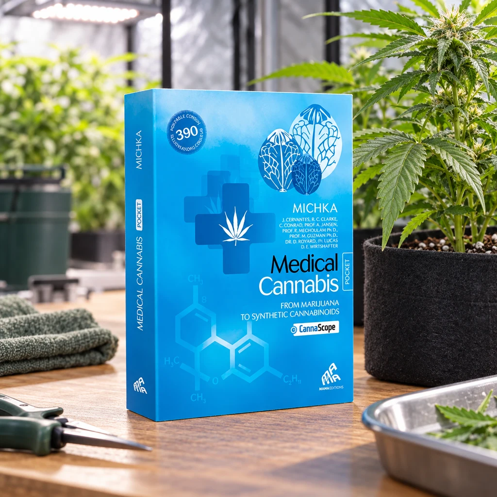 Libro azul Medical Cannabis Pocket de Michka sobre una mesa, junto a una planta de cannabis en maceta y tijeras, en una escena generada. Libro azul Medical Cannabis Pocket de Michka sobre una mesa, junto a una planta de cannabis en maceta y tijeras, en una escena generada.