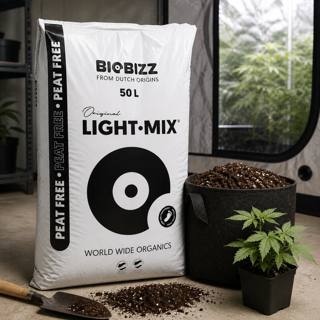 Saco de BioBizz Light Mix Peat Free de 50 L junto a una maceta textil con sustrato, una planta joven y una pala en un cultivo interior.