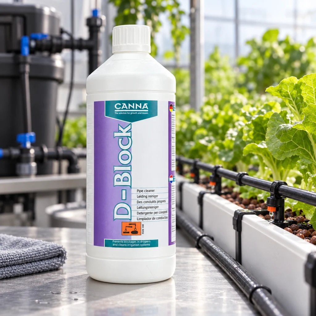 Escena generada de un envase blanco de CANNA D-Block sobre una mesa, junto a tuberías de goteo y plantas de hojas verdes.