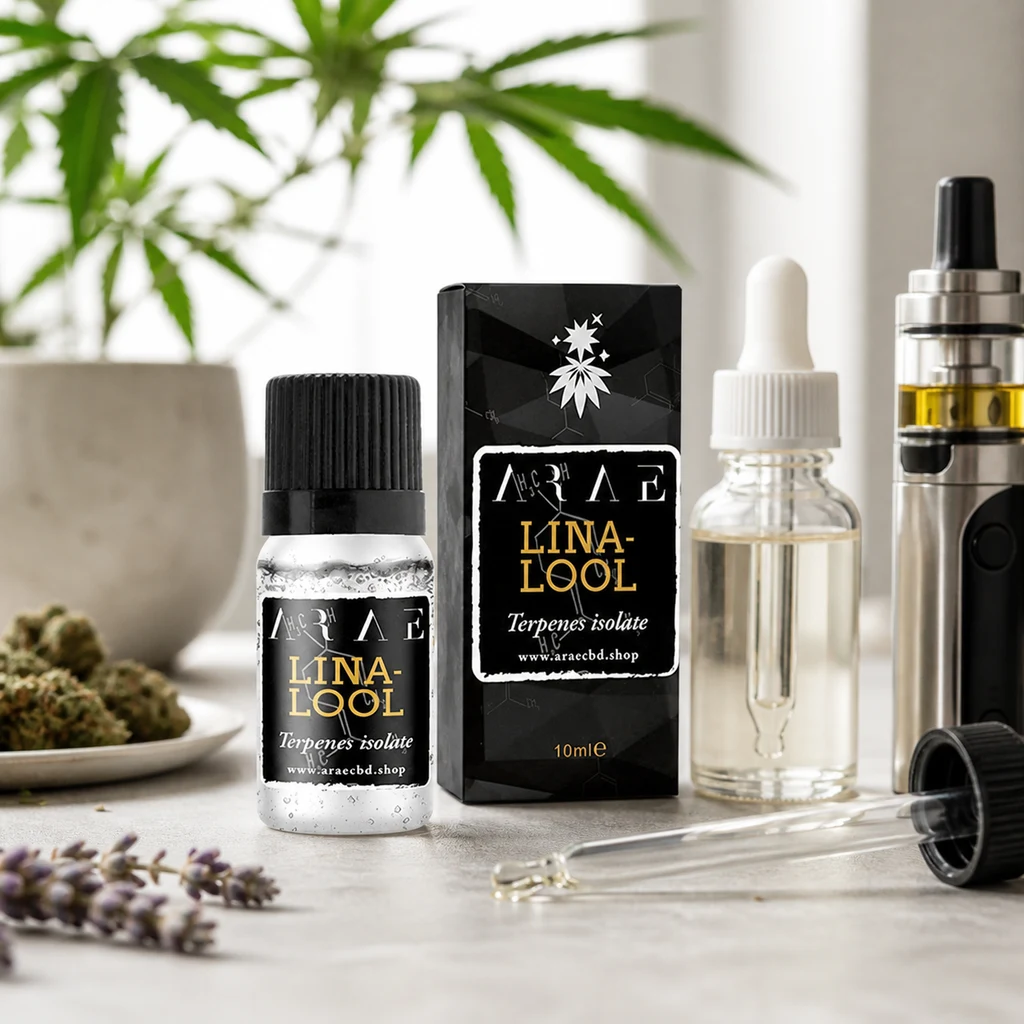 Frasco y caja de terpeno Linalool junto a un gotero de vidrio, un vaporizador y flores de lavanda sobre una mesa.