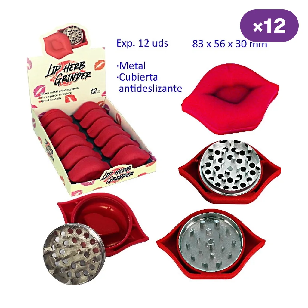Grinder Lip rojo con forma de labios, mostrado cerrado y desmontado con dientes metálicos, junto a una caja expositora con varias unidades.