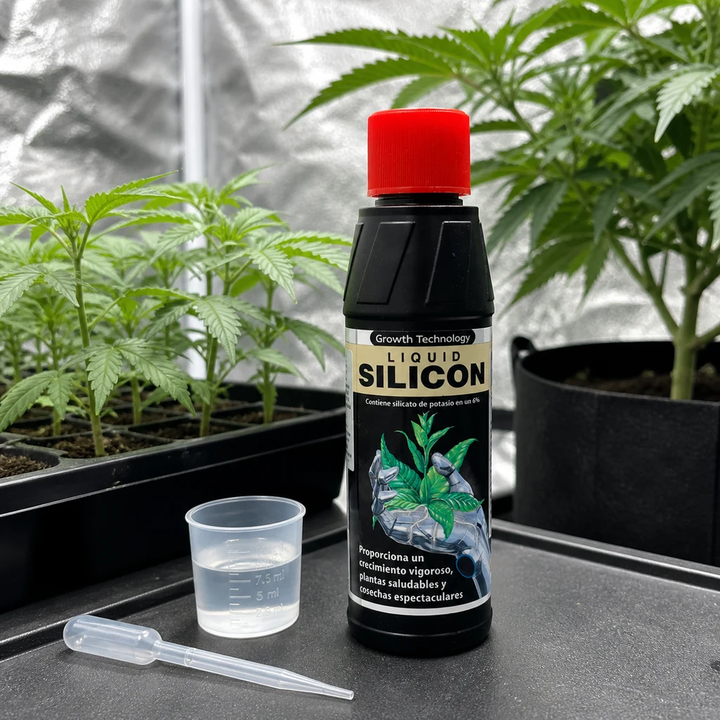 Botella negra de Liquid Silicon de Growth Technology con tapón rojo, junto a un vaso graduado y una pipeta, frente a plantas en macetas.