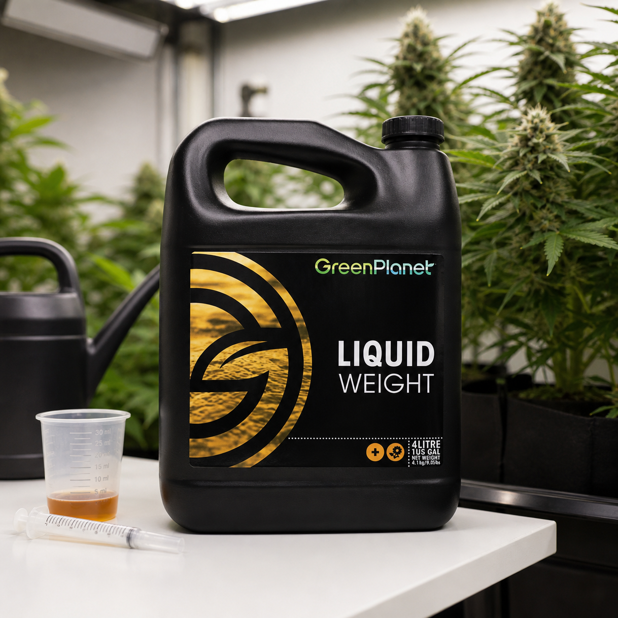 Garrafa negra de Liquid Weight GreenPlanet sobre una mesa con vaso medidor y jeringa, ante plantas de cannabis en floración. Garrafa negra de Liquid Weight GreenPlanet sobre una mesa con vaso medidor y jeringa, ante plantas de cannabis en floración.