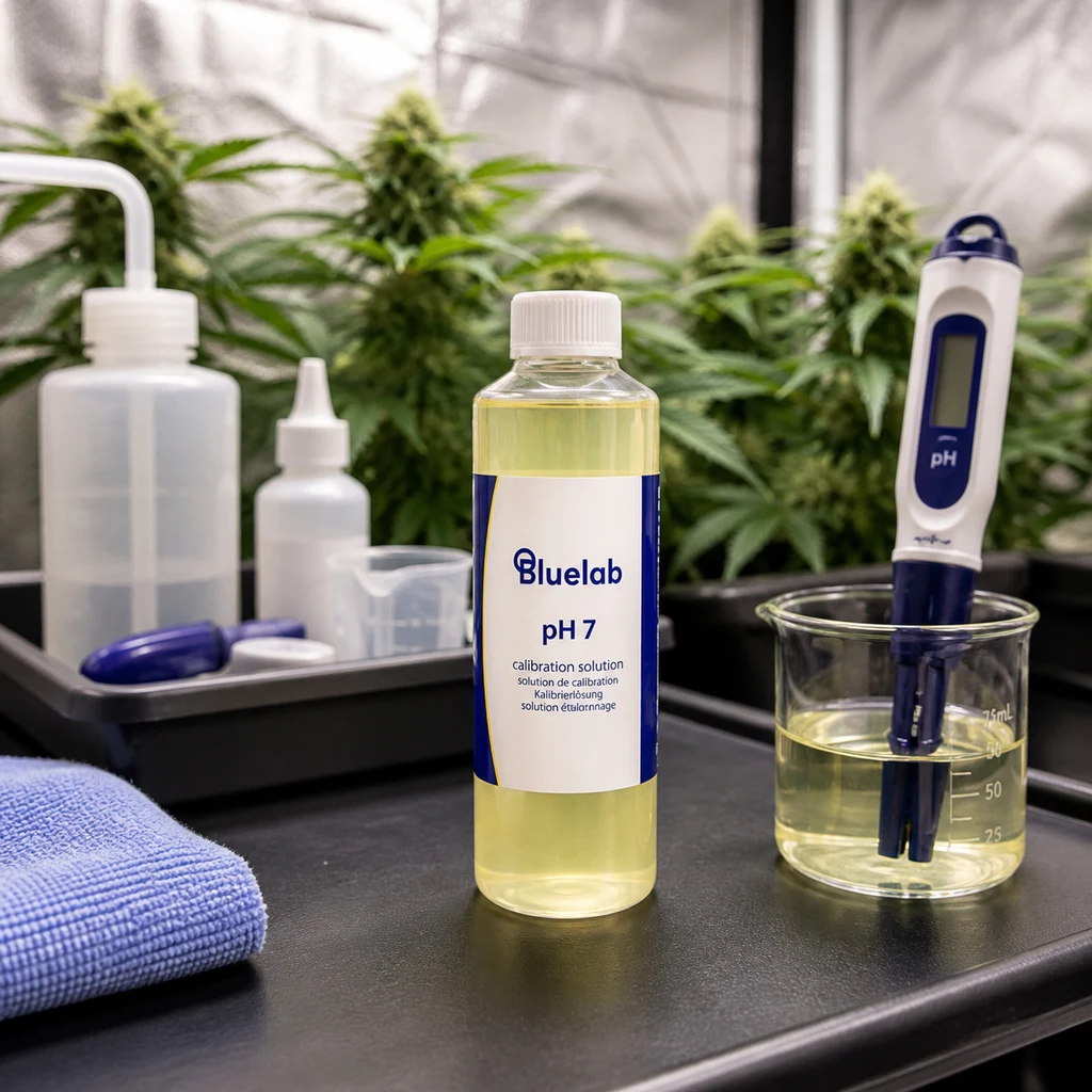 Frasco Bluelab pH 7 junto a un medidor sumergido en un vaso con líquido amarillo y plantas al fondo, en una escena generada.