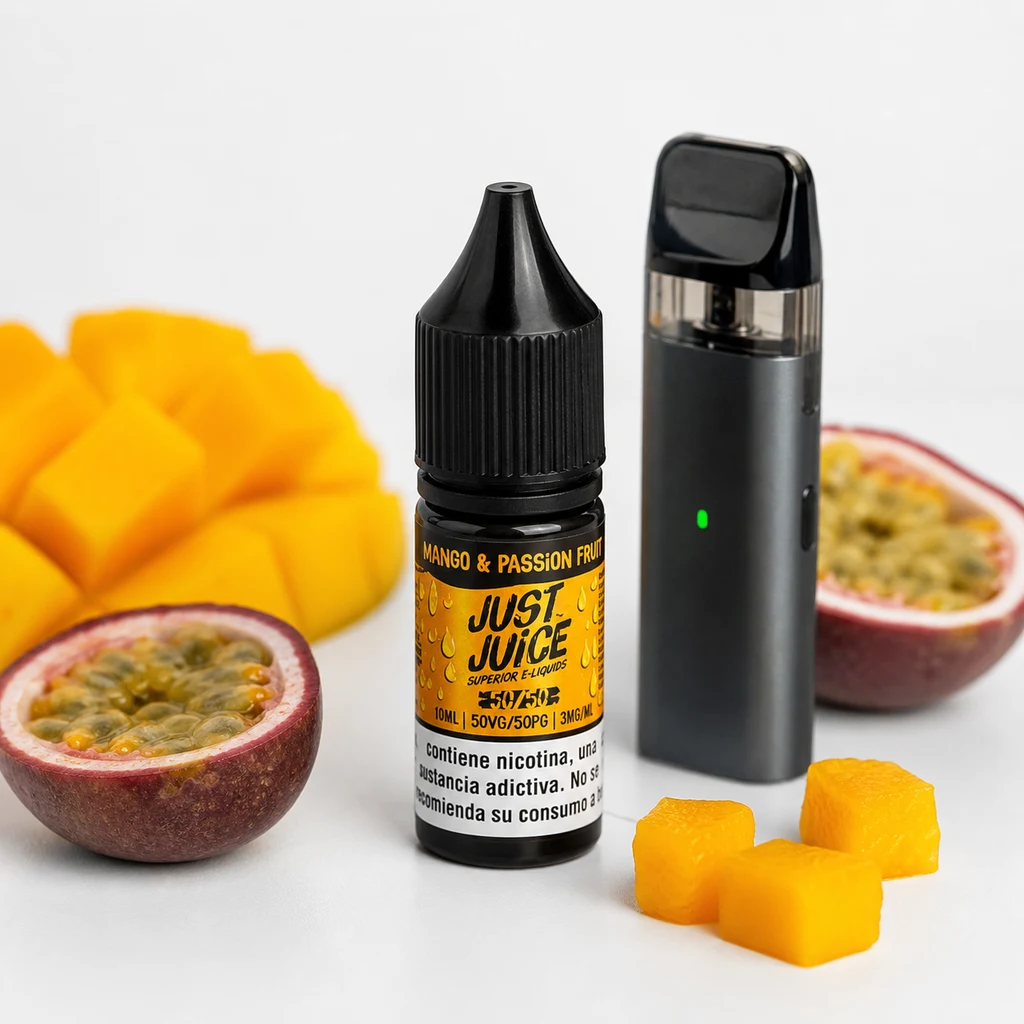 Frasco Just Juice Mango & Passion Fruit con etiqueta amarilla junto a un vapeador negro, trozos de mango y maracuyás cortados.