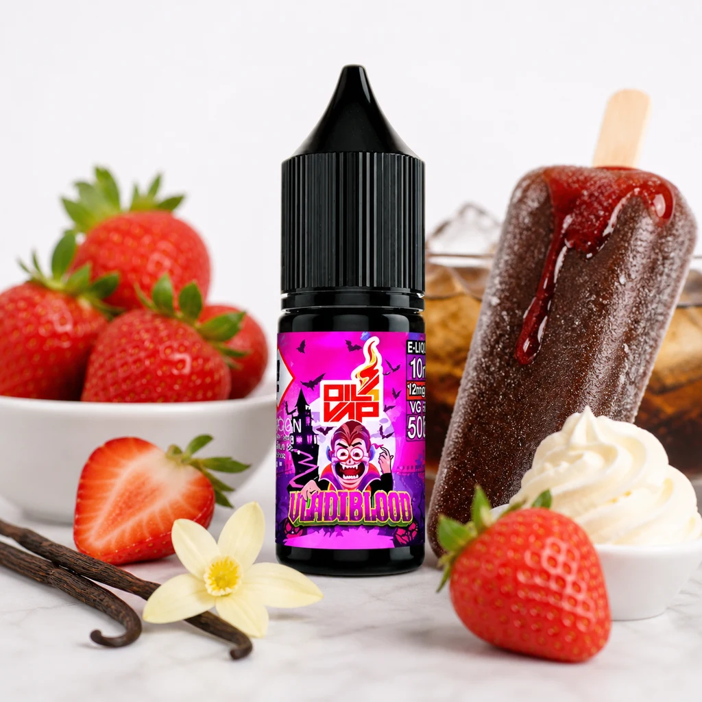Frasco Oil4Vap Vladiblood con etiqueta fucsia y tapón negro, rodeado de fresas, vainilla, crema y un polo oscuro con cobertura roja.