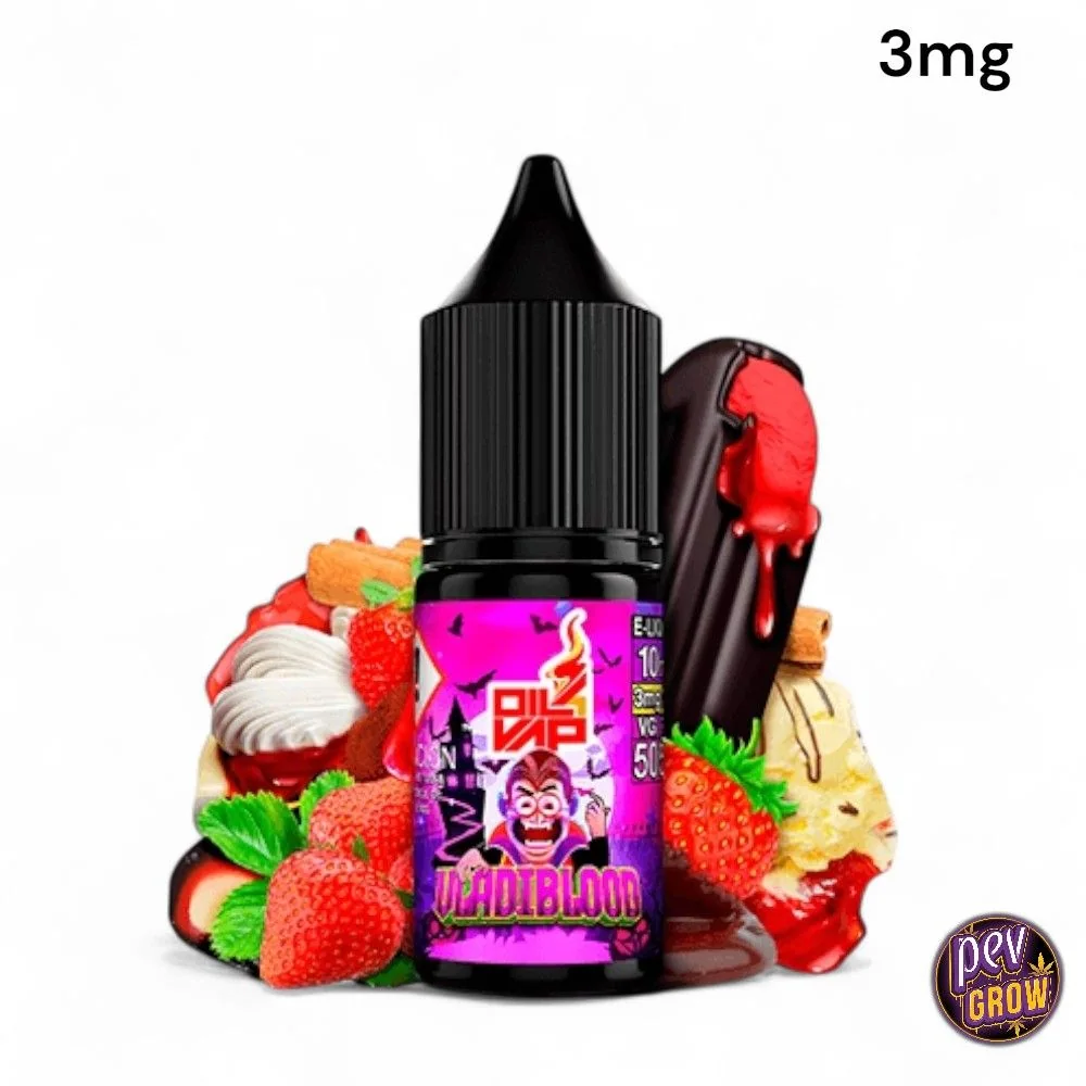 Frasco Oil4Vap Vladiblood con etiqueta fucsia y tapón negro, rodeado de fresas y dulces ilustrados; texto «3mg» en la esquina superior.