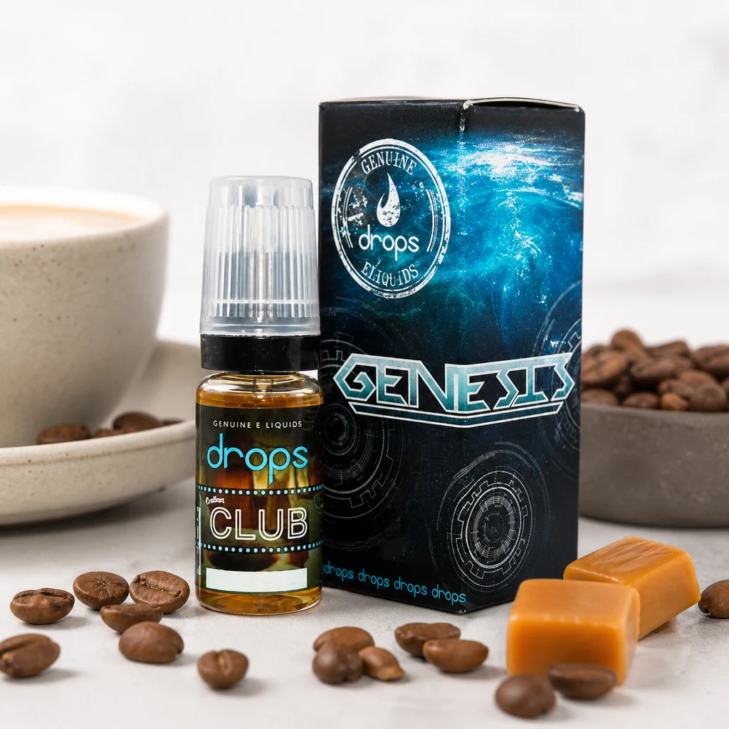 Frasco de líquido Drops Coffee Club junto a una caja con el texto Genesis, rodeado de granos de café, caramelos y una taza.