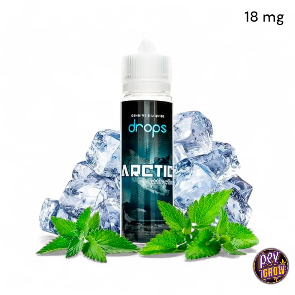 Bote de líquido para vapear DROPS Arctic con tapón blanco, rodeado de cubitos de hielo y hojas de menta, con la indicación 18 mg.
