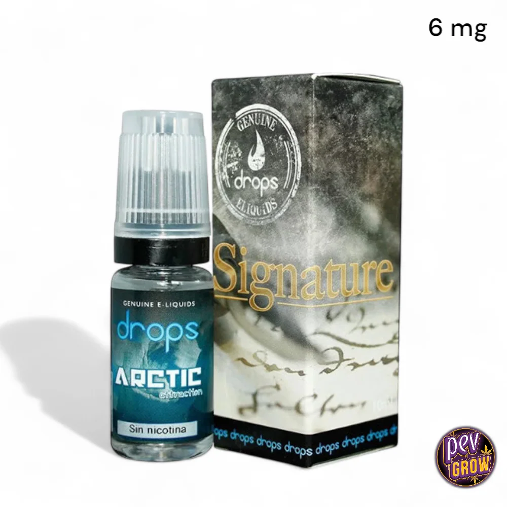 Frasco de líquido DROPS Arctic Attraction con tapón translúcido junto a su caja Signature; aparecen «Sin nicotina» y «6 mg».