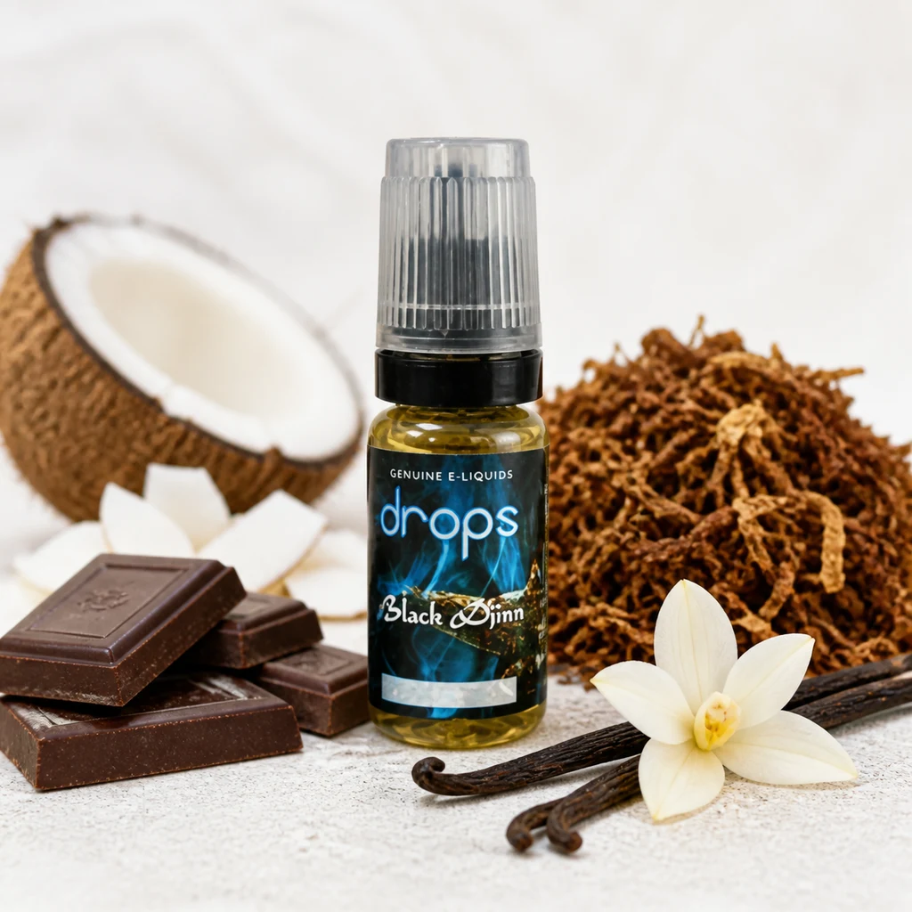 Escena generada del frasco Drops Black Djinn con tapón transparente, junto a coco, chocolate, tabaco y una flor con vainas de vainilla.