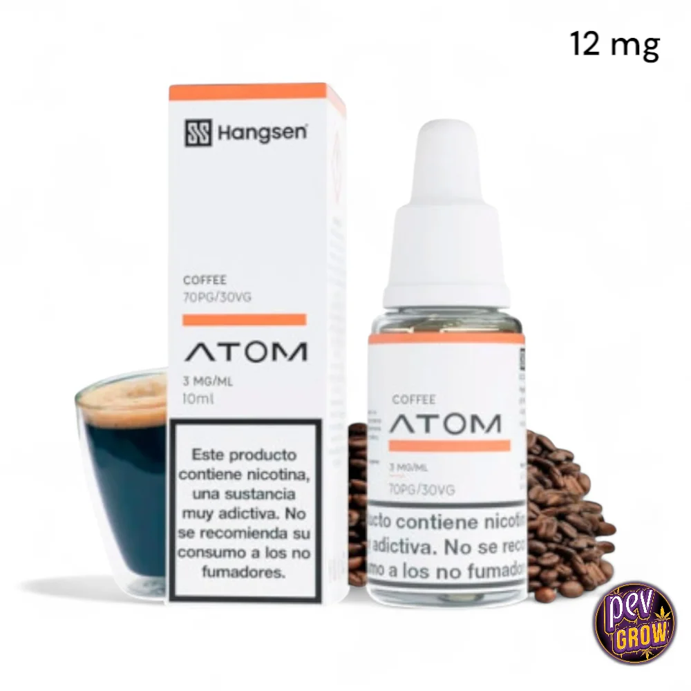 Frasco y caja de Hangsen Atom Coffee de 10 ml, con detalles naranjas, junto a una taza de café y granos sobre fondo blanco.