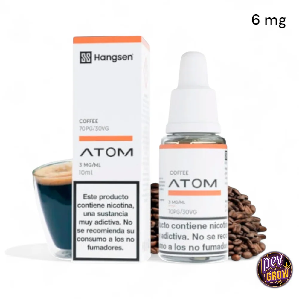 Frasco con cuentagotas y caja de Hangsen Atom Coffee, junto a una taza de café y granos; rótulo de 6 mg en la esquina.