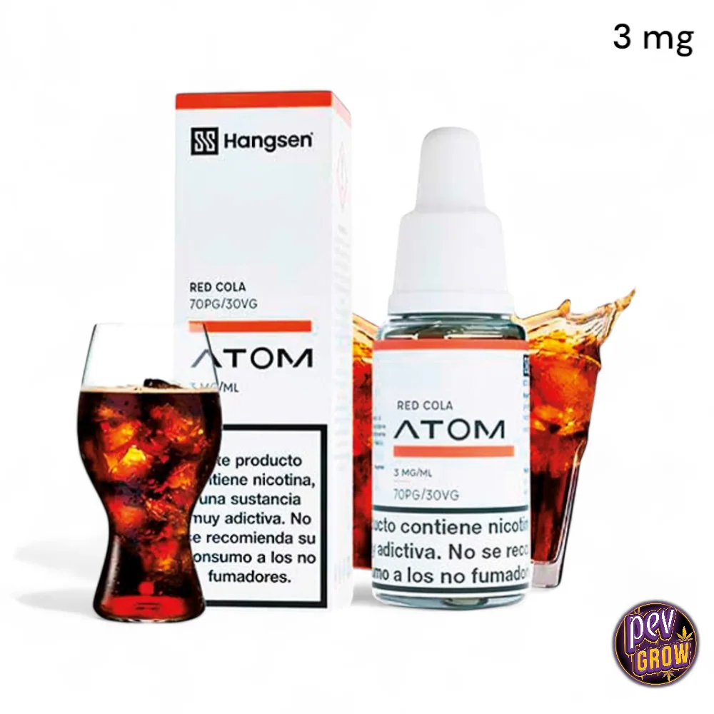 E-líquido Hangsen Atom Red Cola con su caja, indicación de 3 mg y 70PG/30VG, junto a vasos de refresco con hielo.