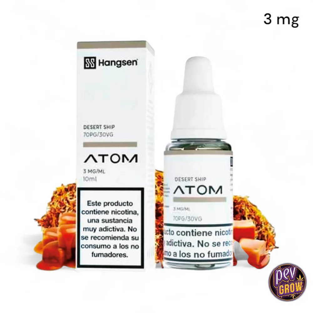 Frasco con tapón blanco y caja de E-Liquid Hangsen Atom Desert Ship, con etiquetas de 10 ml, 3 mg/ml y advertencia sobre nicotina.