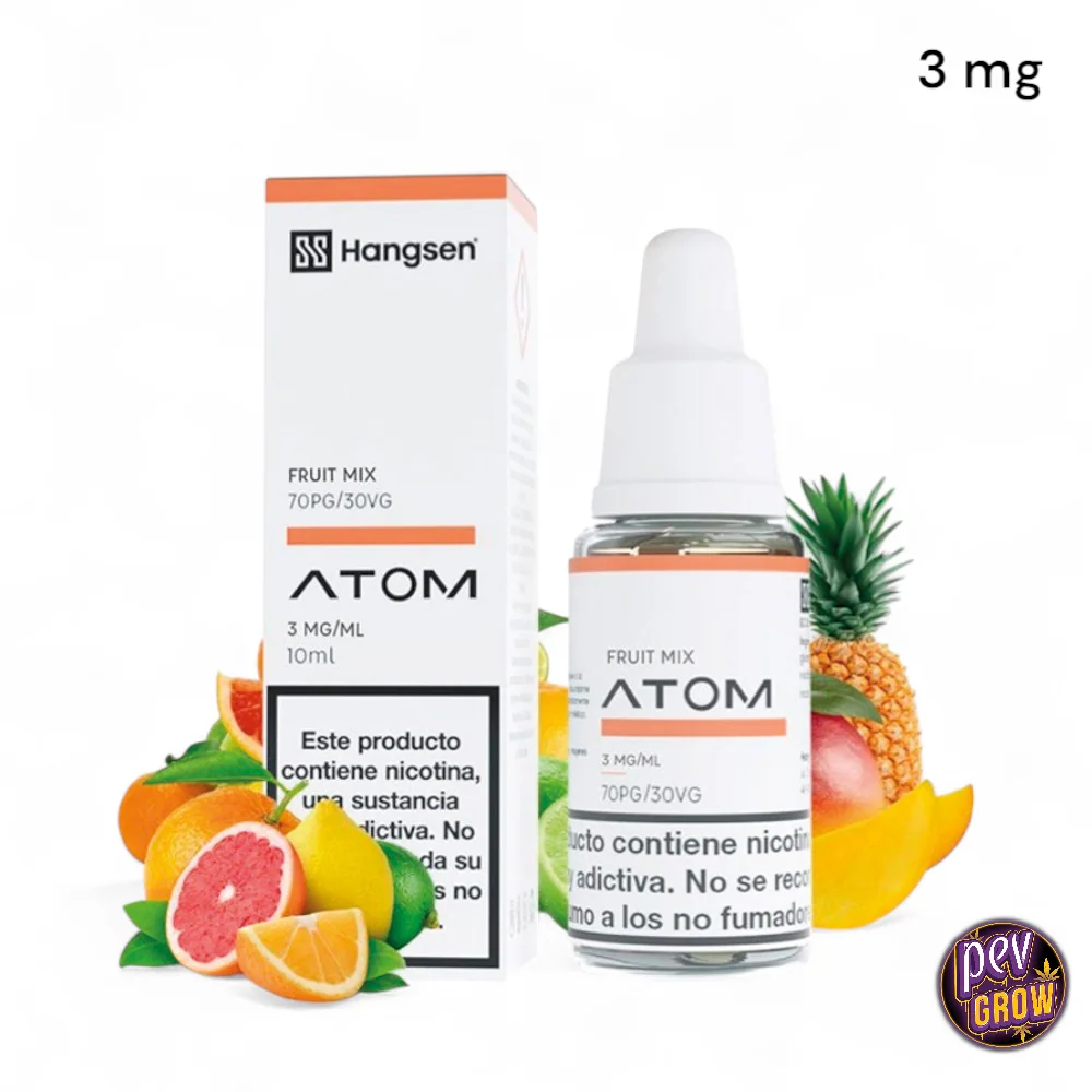 E-líquido Hangsen ATOM Fruit Mix en frasco con tapón blanco y caja, con etiquetas de 3 mg/ml, 10 ml y 70PG/30VG, rodeado de frutas.