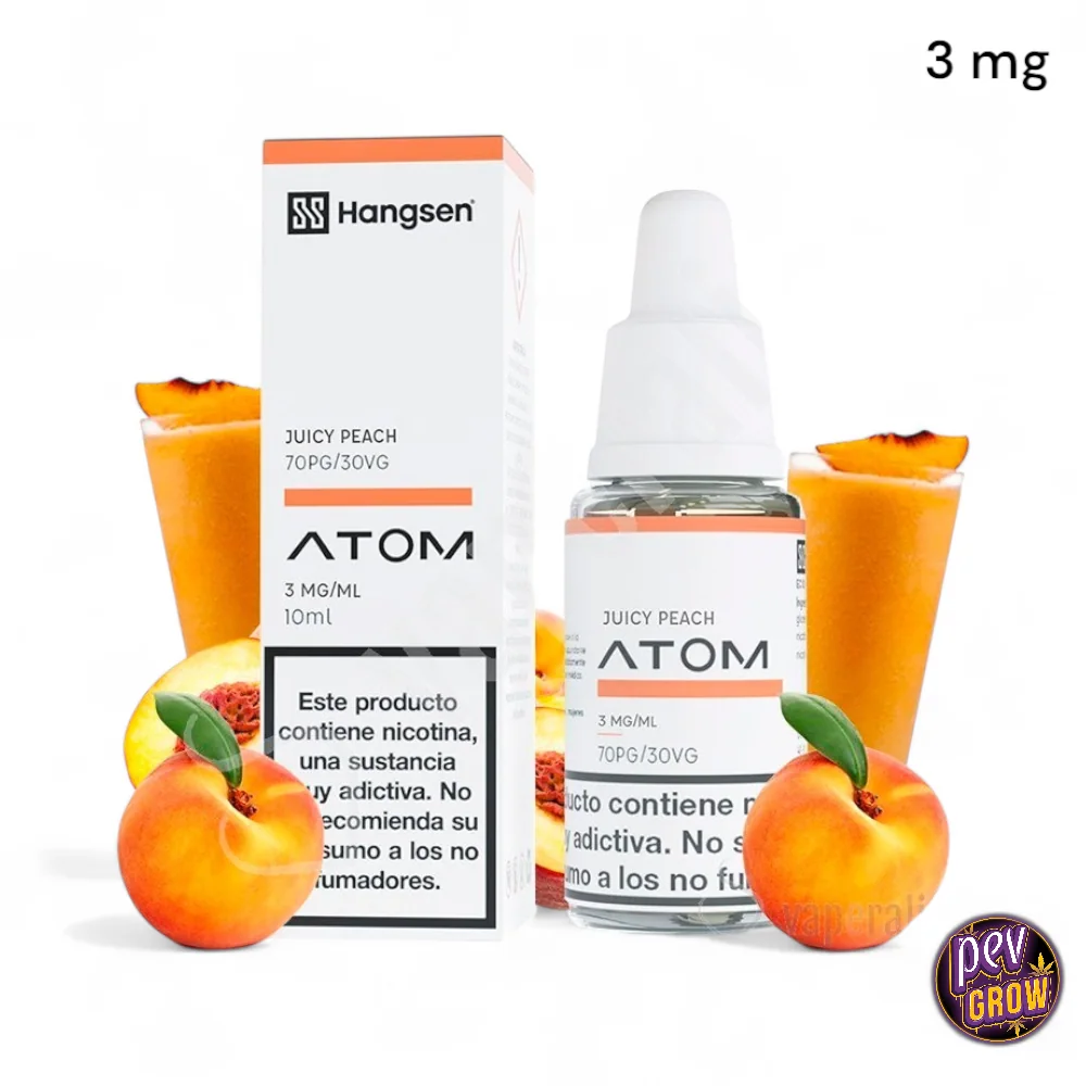 Frasco y caja de Hangsen ATOM Juicy Peach de 10 ml y 3 mg/ml, rodeados de melocotones y vasos con bebida naranja.