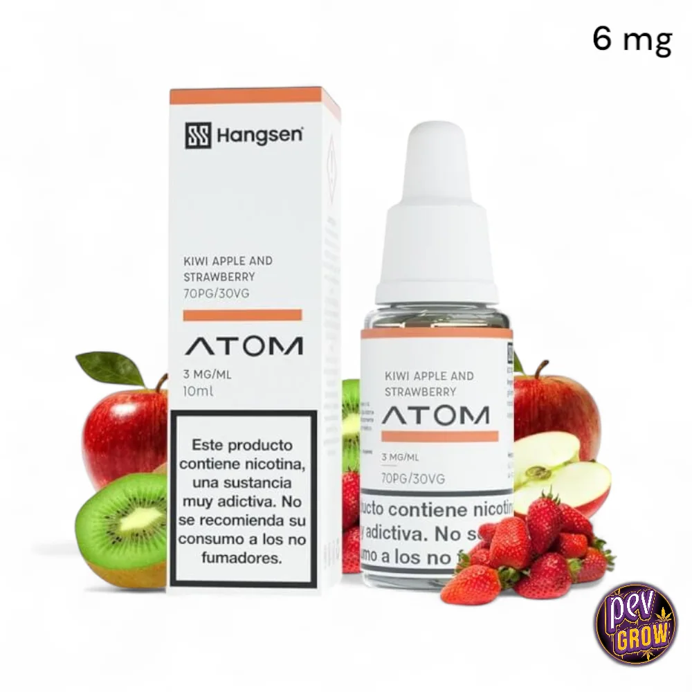 Frasco y caja de Hangsen Atom con etiquetas «Kiwi Apple and Strawberry», rodeados de manzanas, kiwi y fresas sobre fondo blanco.