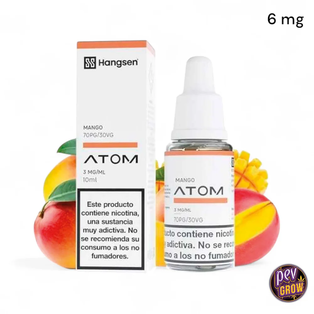 Frasco y caja de Hangsen Atom Mango con mangos al fondo y advertencias sobre nicotina; las etiquetas indican 3 mg/ml y arriba figura 6 mg.
