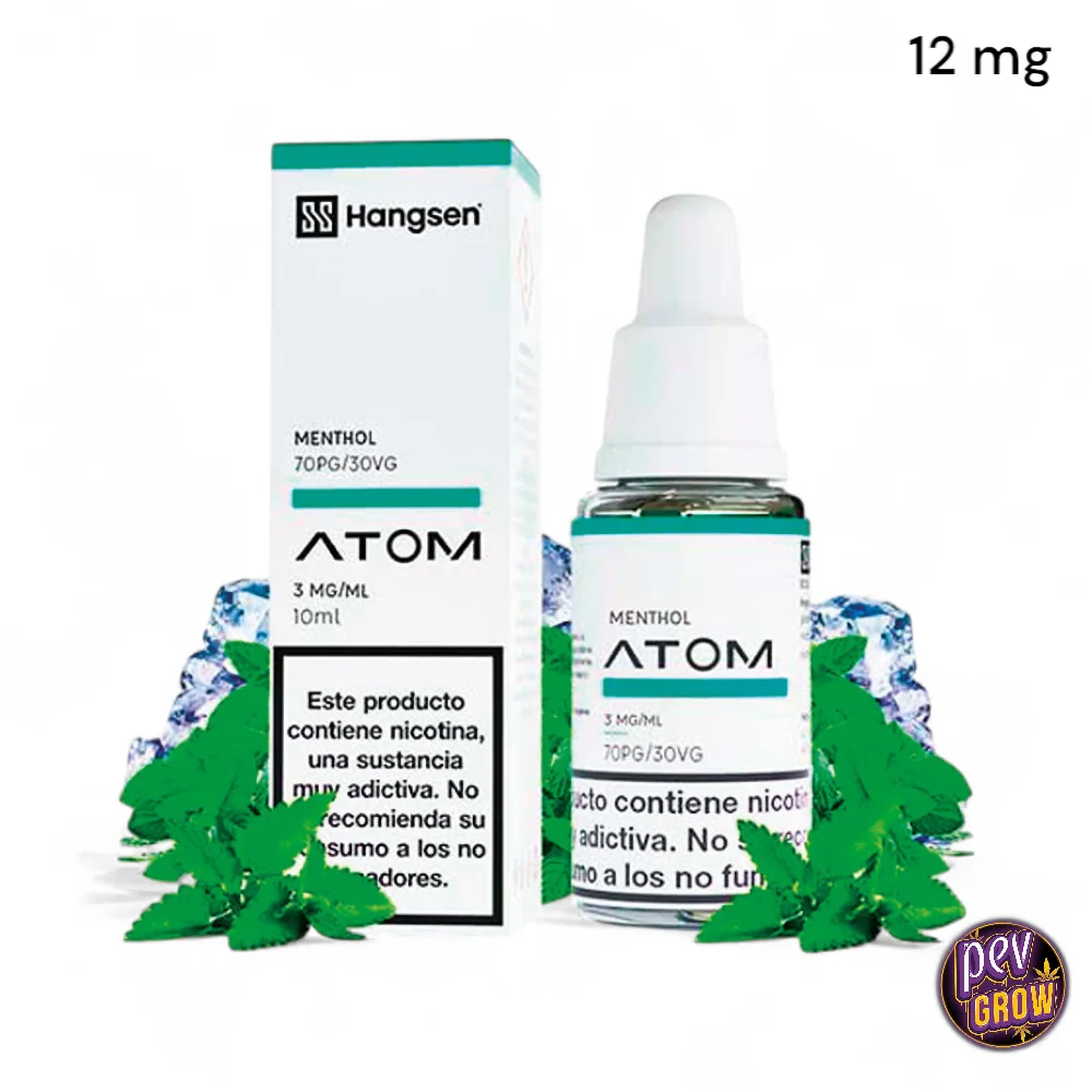 Frasco y caja de e-líquido Hangsen Atom Menthol junto a hojas de menta y hielo, con indicaciones visibles de 12 mg y 3 mg/ml.