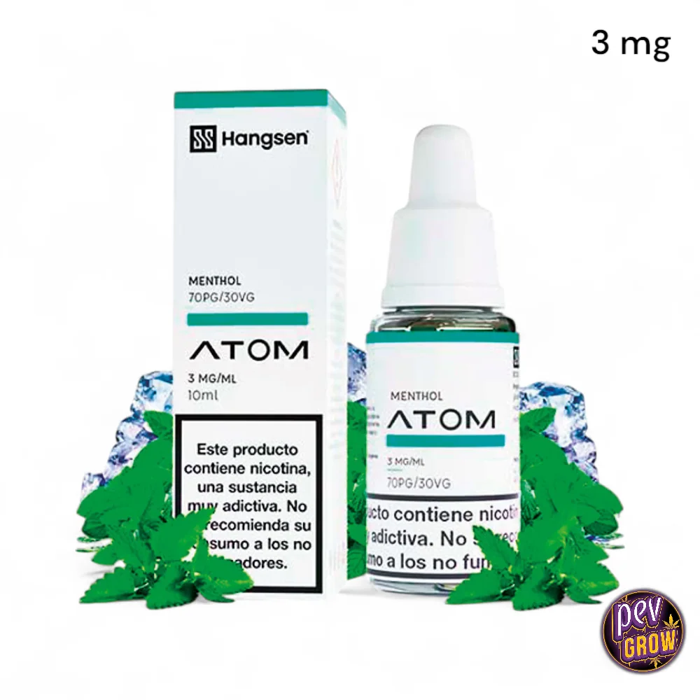 Frasco y caja de Hangsen Atom Menthol de 10 ml, etiquetados con 3 mg/ml y 70PG/30VG, rodeados de hojas verdes y cubitos de hielo.