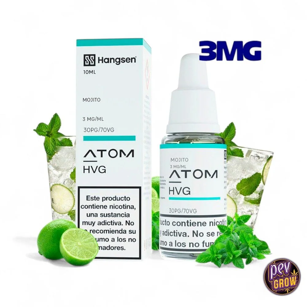 Frasco y caja de Hangsen Atom HVG Mojito, con etiquetas de 10 ml y 3 mg/ml, rodeados de limas, menta y vasos con hielo.