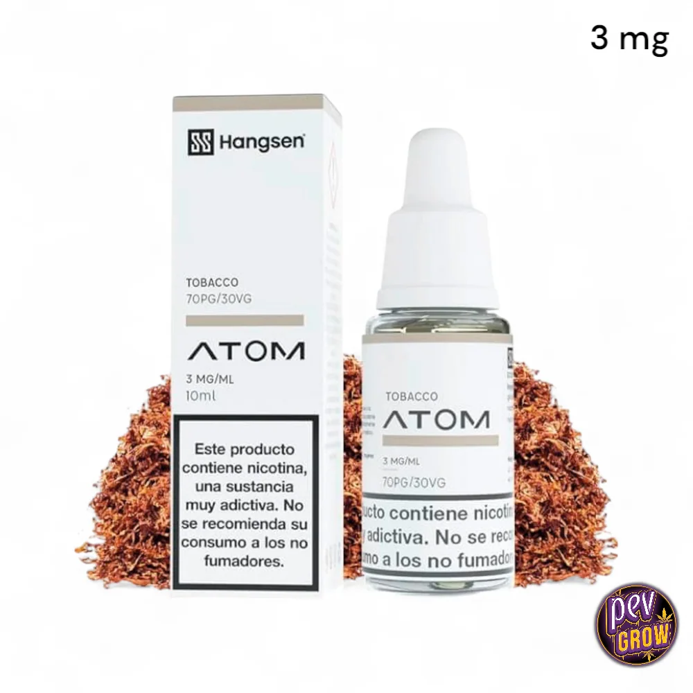 Frasco y caja de Hangsen Atom Tobacco de 10 ml, con etiqueta de 3 mg/ml y 70PG/30VG, sobre un fondo de tabaco.