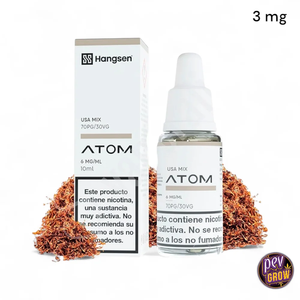 Líquido Hangsen Atom USA Mix en frasco con caja blanca, rodeado de tabaco; aparece 3 mg arriba y 6 mg/ml en las etiquetas.
