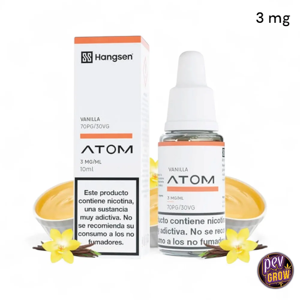 Hangsen Atom Vainilla en frasco de 10 ml y caja blanca con detalles naranjas; etiqueta de 3 mg/ml y flores de vainilla alrededor.