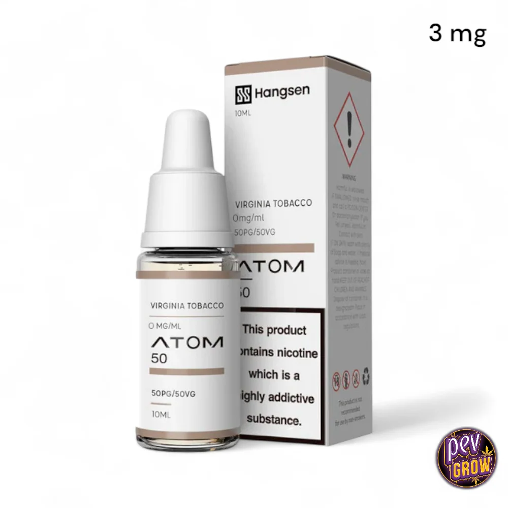 Frasco de e-liquid Virginia Tobacco Hangsen Atom de 10 ml con tapón blanco junto a su caja, sobre fondo blanco.