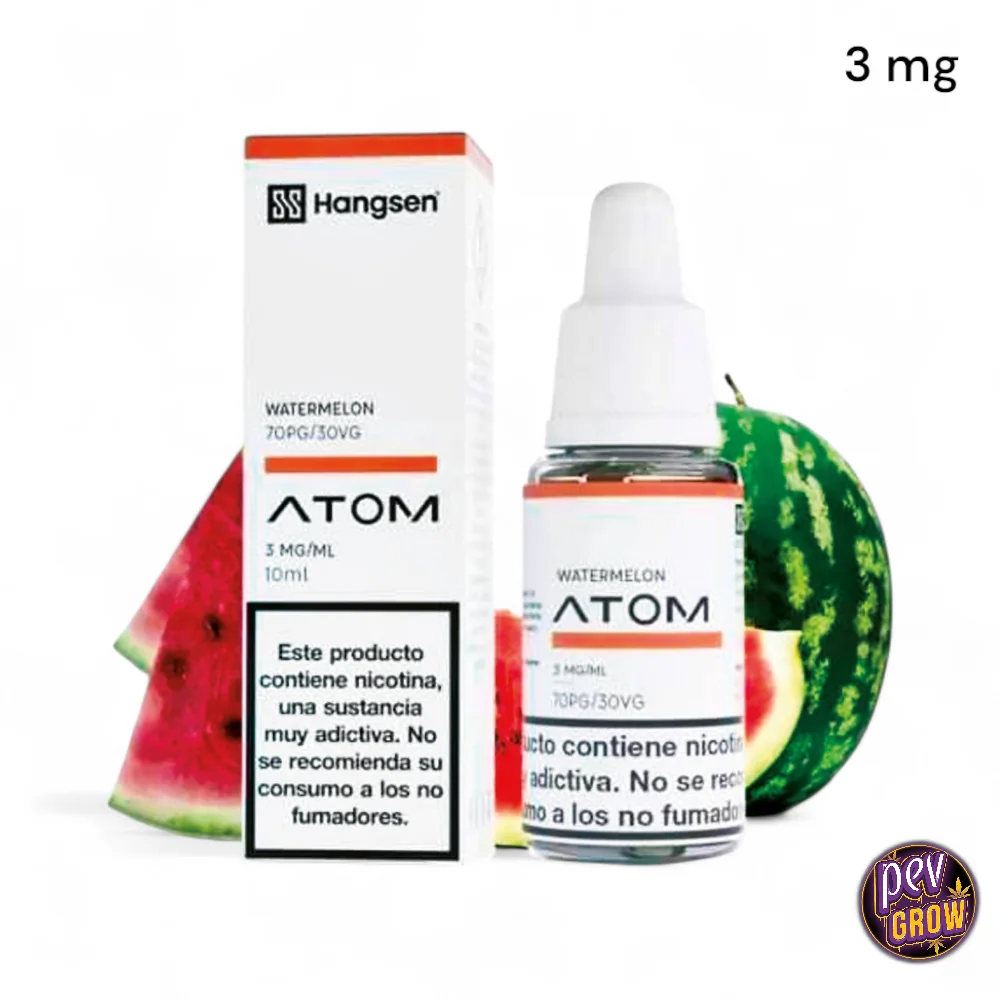 Frasco y caja de Hangsen Atom Sandía de 10 ml, con etiqueta de 3 mg/ml y advertencia sobre nicotina, junto a sandía cortada.