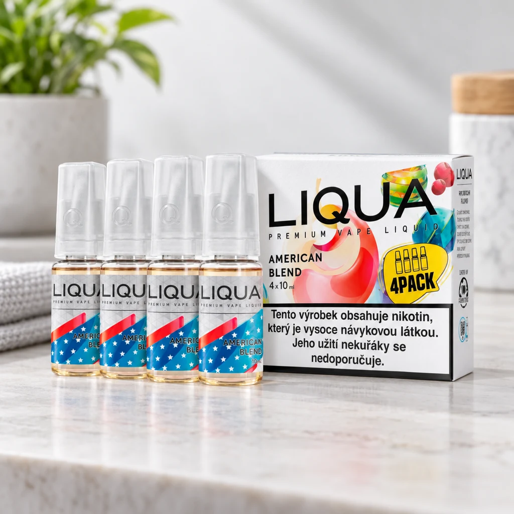 Frascos de líquido Liqua American Blend con tapas transparentes junto a una caja con distintivo 4PACK y advertencia sobre nicotina.