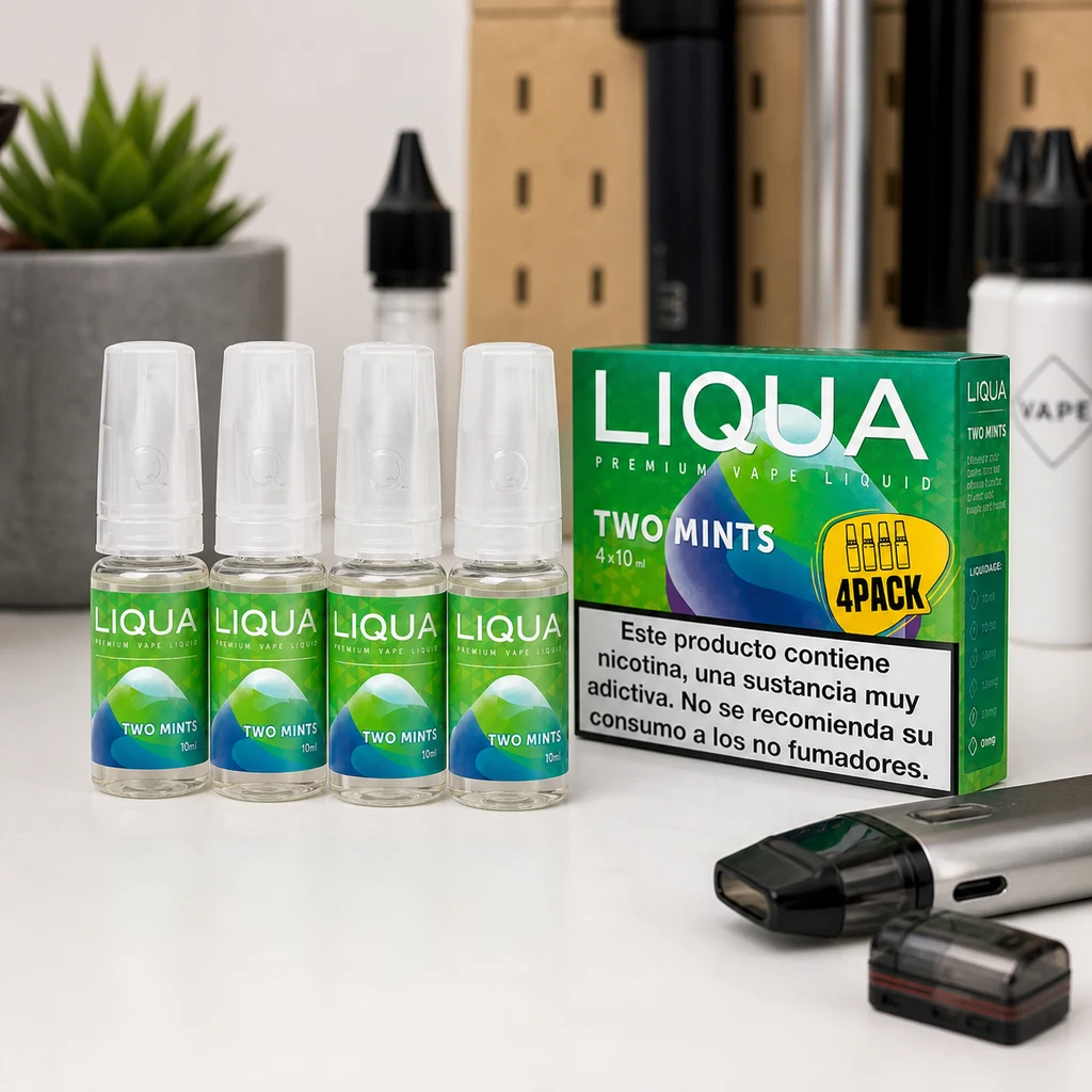 Escena generada de frascos Liqua Two Mints junto a su caja verde 4PACK, con un dispositivo de vapeo y un cartucho delante.