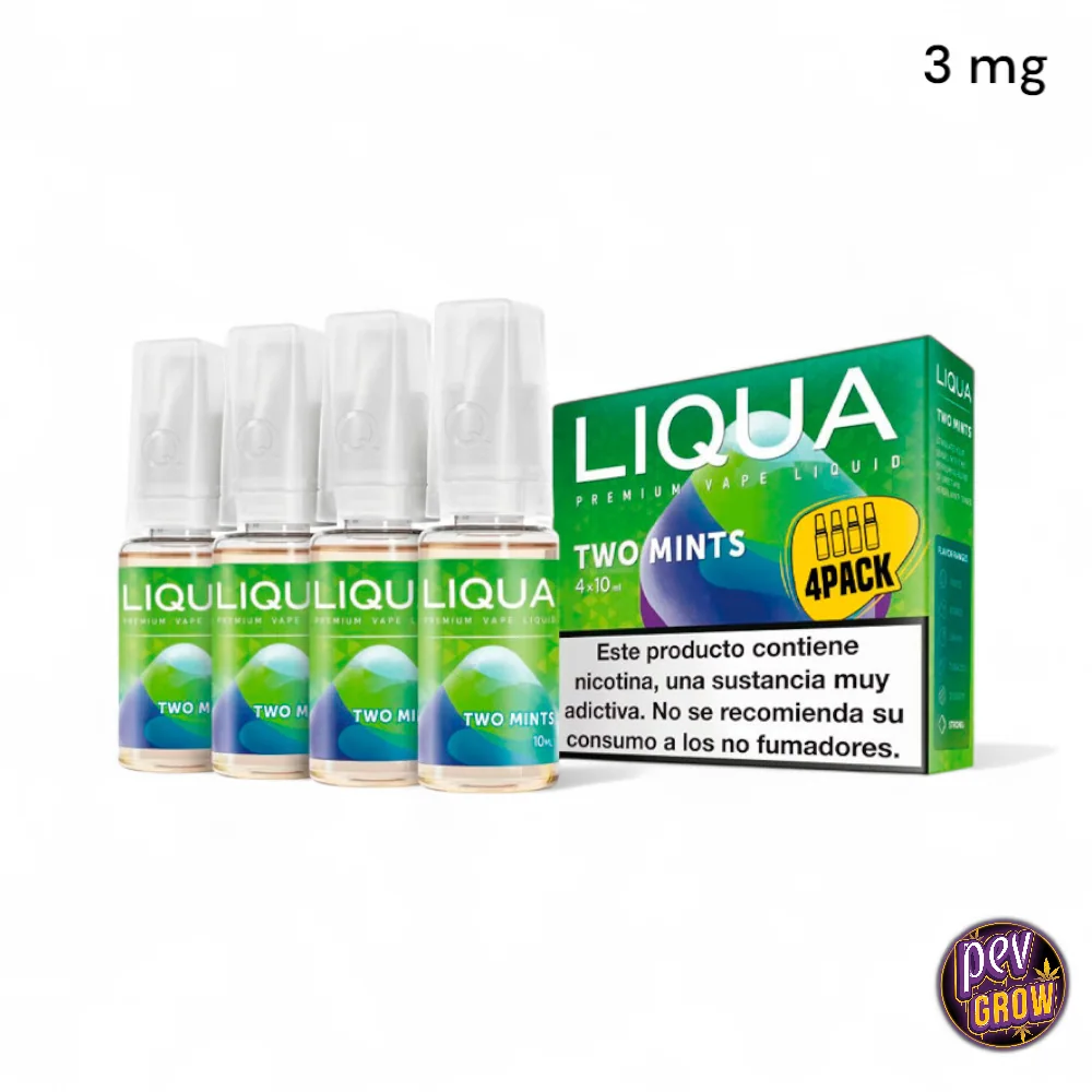 Frascos de líquido Liqua Two Mints junto a una caja verde rotulada 4PACK, con advertencia sobre nicotina y la indicación 3 mg.