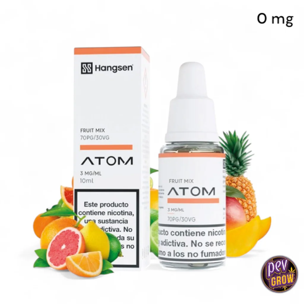 Frasco y caja de Hangsen ATOM Fruit Mix de 10 ml, rodeados de frutas, con indicación de 0 mg en la esquina superior.