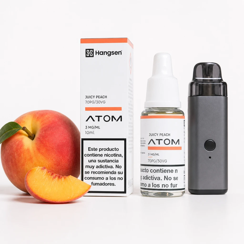 Caja y frasco Hangsen Atom Juicy Peach con etiqueta de 3 mg/ml, junto a un dispositivo gris y un melocotón entero y cortado.