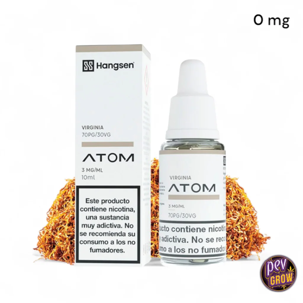 Frasco con boquilla y caja Hangsen ATOM Virginia de 10 ml, con hebras de tabaco al fondo; rótulo de 0 mg y envases marcados 3 mg/ml.