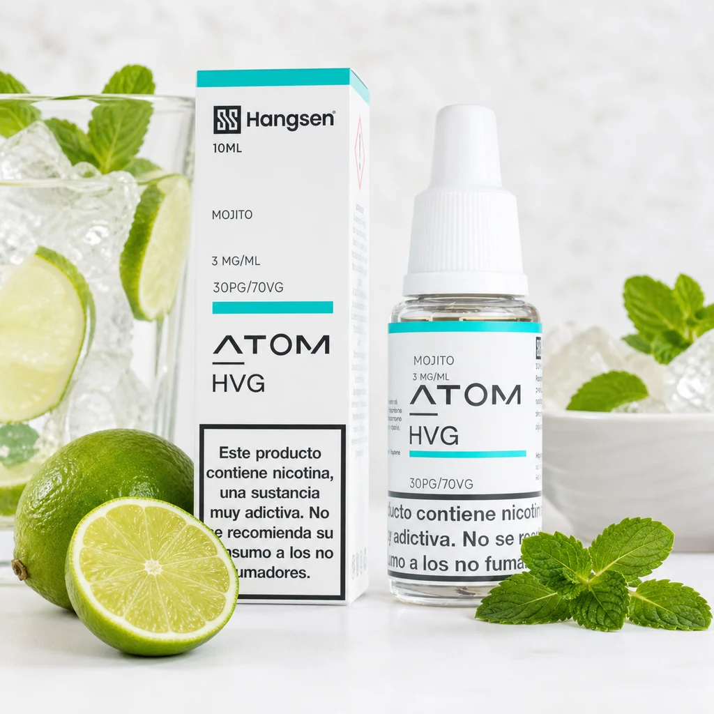 Bote y caja de Hangsen Atom Mojito con etiqueta de 3 mg/ml y 10 ml, acompañados de lima, menta y hielo en una escena generada.